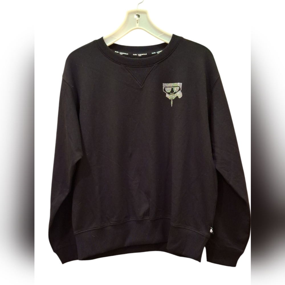 "KARL LAGERFELD" SZ S.,Black,crew-neck, rhinestone image of mr. Lagerfeld....